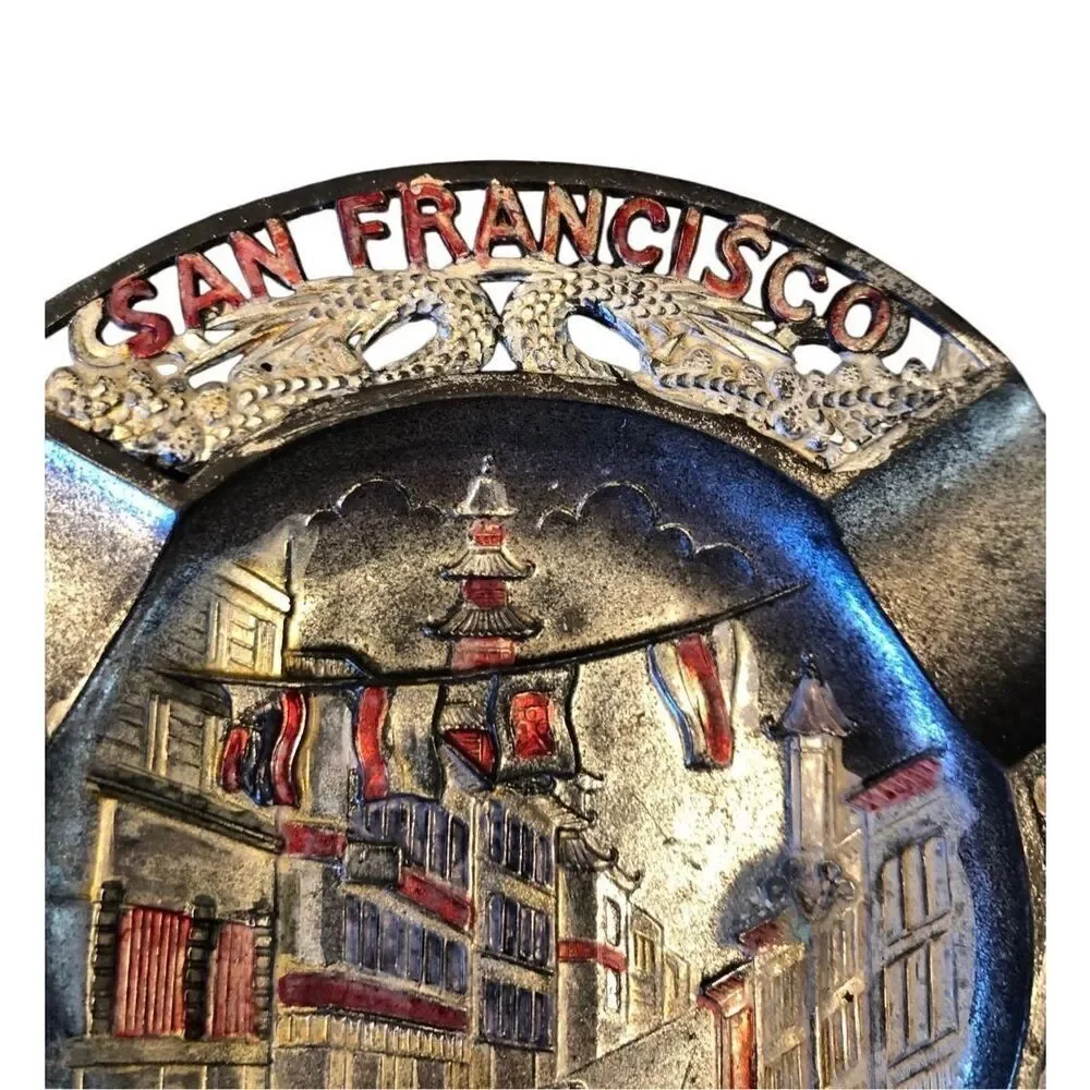 Vintage San Francisco Tin Plate Embossed Ashtray Catch All Americana Kitsch Deco